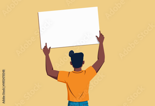 Flat illustration of a South Asian activist holding up a blank protest sign, standing tall in minimalist style, symbolizing social voice and dignity
