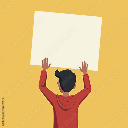 Minimal vector of a standing South Asian figure holding a blank placard with arm raised, representing peaceful protest and inclusive expression
