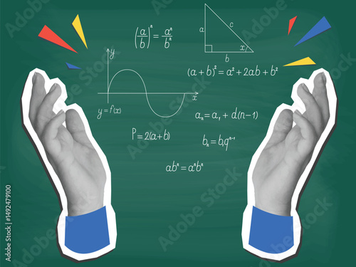 Black and white hands and Math formulas. Modern collage style. Vector illustration