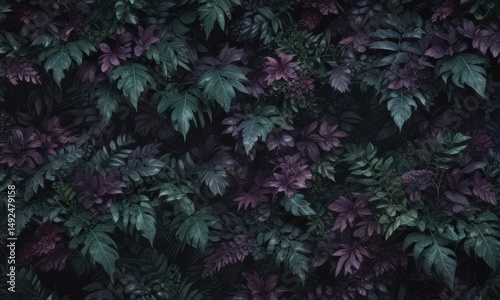 Intricate dark foliage pattern; deep greens, rich purples, exotic leaves , tropical,  repeating,  vine