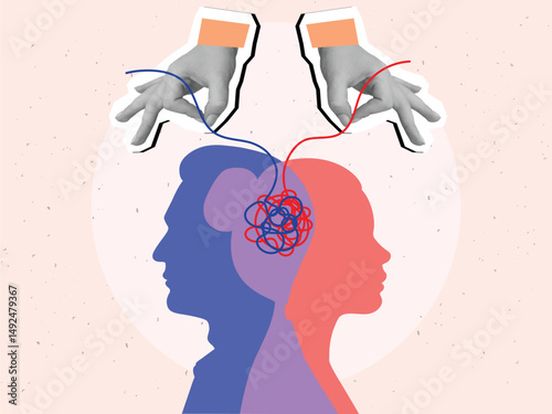 Hands unraveling a tangled ball of thoughts between a man and a woman - the concept of family or couple psychotherapy. Modern photo collage style. Vector illustration