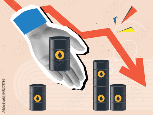 Black and white hand holding an oil barrel with a falling arrow on background. Modern collage style. Vector illustration
