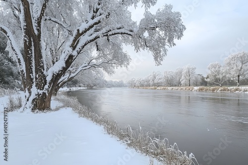 snowy riverbank with trees heavy with snow leaning over the flowing water, Generative AI