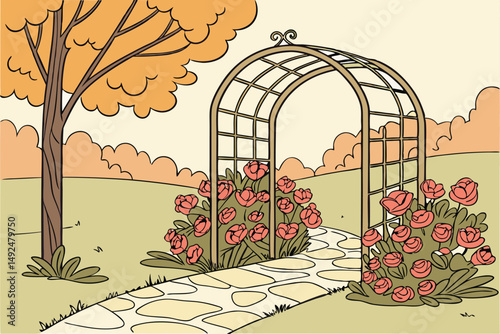 153 detailed flower archway entrance, lush garden landscape, blooming azalea flowers, ornate iron pergola, paved stone walkway, red and pink floral display, autumn foliage trees, serene outdoor scener