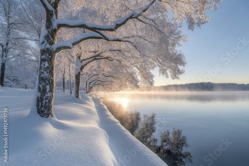 snowy riverbank with trees heavy with snow leaning over the flowing water, Generative AI