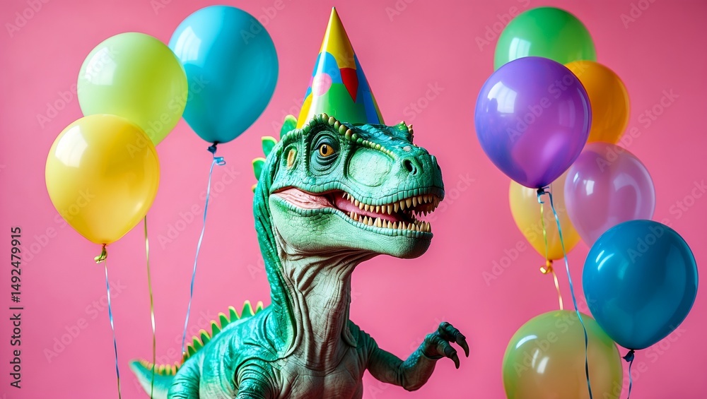 Naklejka premium Joyful dinosaur celebrates with balloons on pink background