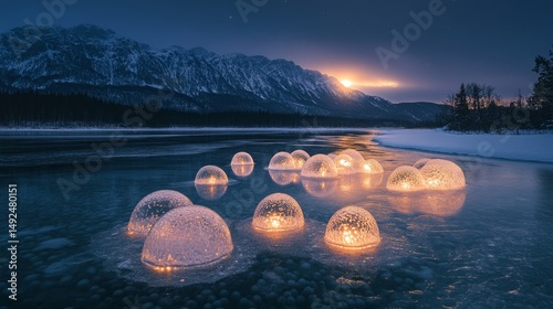 crystal-clear frozen bubbles trapped in a lake beneath a glowing aurora, Generative AI