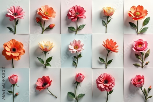 Wallpaper Mural Subtle floral motifs arranged in a square grid Clean lines, minimalist style , surface, geometric, botanical Torontodigital.ca