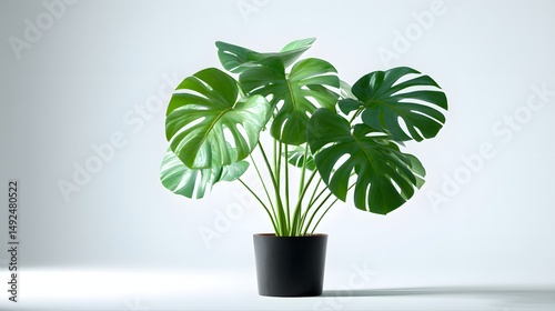 Lush Green Monstera Deliciosa Plant in Black Pot Against White Background photo