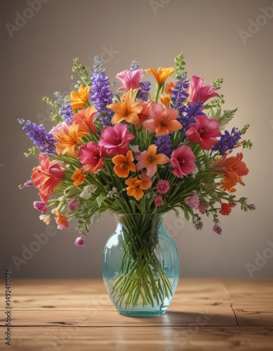 Wallpaper Mural Vibrant spring bouquet in glass vase, gentle lamplight on wooden surface ,  spring,  photography,  floral Torontodigital.ca