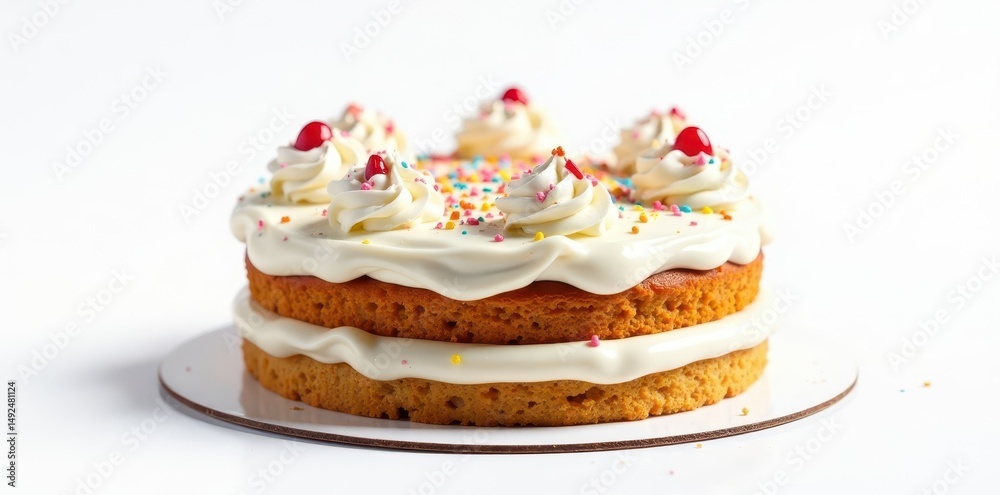 Delicious frosted birthday cake, white background, layers, vanilla Delicious frosted birthday cake, white background, layers, vanilla