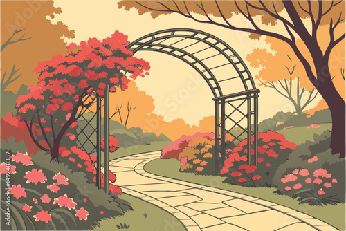 153 detailed flower archway entrance, lush garden landscape, blooming azalea flowers, ornate iron pergola, paved stone walkway, red and pink floral display, autumn foliage trees, serene outdoor scener