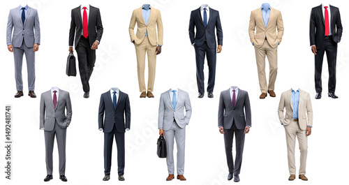 Collection of male business suits on headless mannequins, isolated on transparent background
