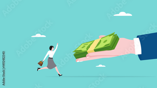 receive payment, reward or employee benefits, wages payment or bonus, bill payment, annual bonus, salary payment concept, happy woman worker receives money banknotes from businessman hand concept