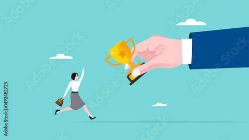 office worker achieve trophy from businessman hand vector illustration, business success, career achievement concept, celebrate work achievement, winning prize or trophy on work illustration