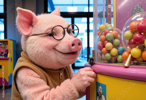 Curious Pig Exploring a Gacha Capsule Machine