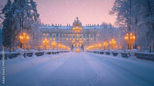 grand winter palace surrounded by sparkling snow and lit with festive decorations, Generative AI