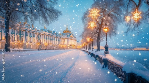 grand winter palace surrounded by sparkling snow and lit with festive decorations, Generative AI