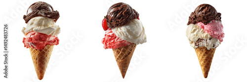 Delicious Ice Cream Cones with Varied Flavors and Toppings Isolated on a Transparent Background