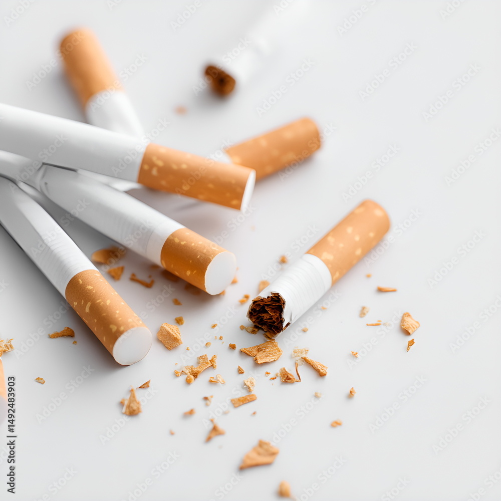 Broken cigarette pieces scattered on white background, concept of quitting smoking and health awareness Broken cigarette pieces scattered on white background, concept of quitting smoking and health awareness