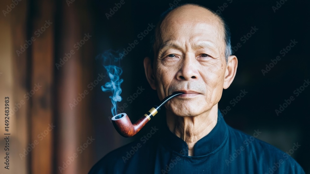 Fototapeta premium Elderly Asian Man Smoking Pipe in Rustic Wooden Cabin with Soft Smoke Atmosphere