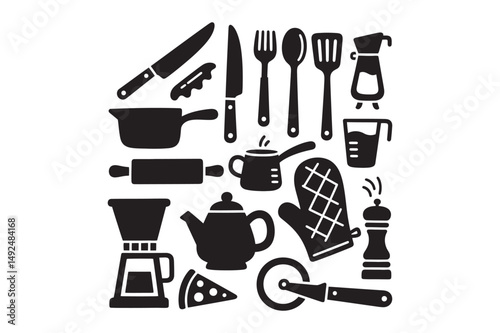 A stylish collection of black kitchen-themed icons, perfect for culinary projects, menus, and digital designs, offering modern, minimalist appeal.