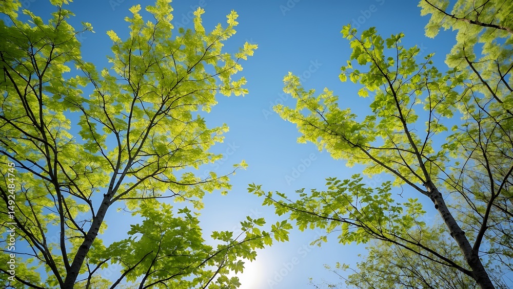 Fototapeta premium Lush green trees against a bright blue sky