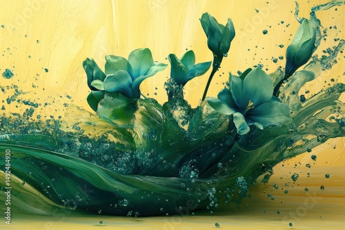 Teal blossoms enveloped in vibrant water splashes.