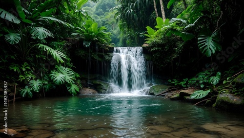 Lush tropical waterfall cascading into rainforest pond