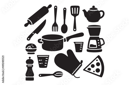 A stylish collection of black kitchen-themed icons, perfect for culinary projects, menus, and digital designs, offering modern, minimalist appeal.