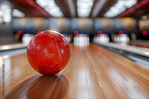 Red bowling ball sits on a wooden lane. The ball is the only object in the image