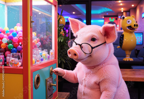 Excited Pig Winning a Prize from a Gacha Machine