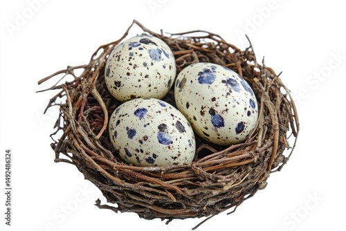 Three speckled eggs nestled in a bird's nest