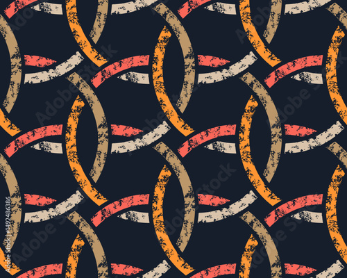Colorful thick line interwined circles seamless pattern on dark background. Repeating black pattern.