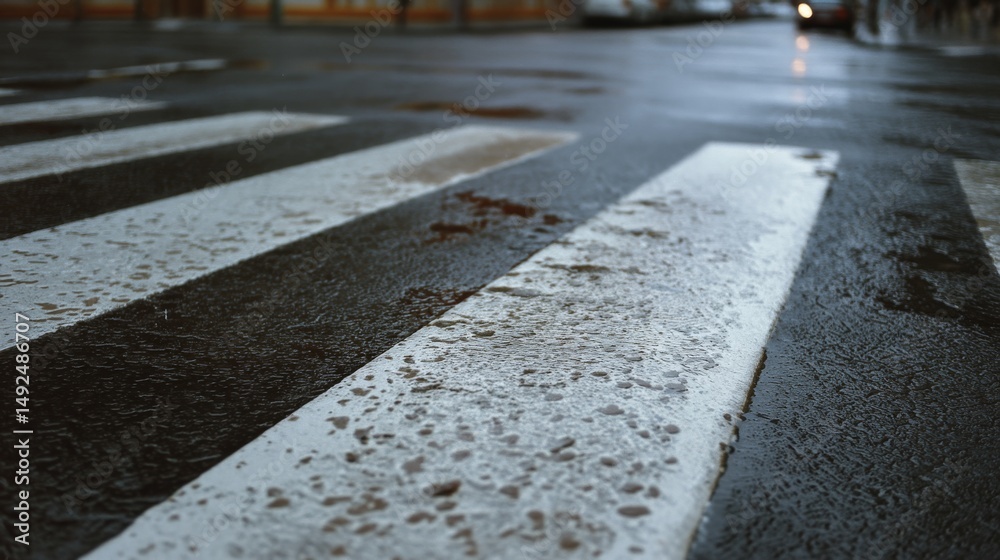Obraz premium A rain-soaked crosswalk under overcast skies, emphasizing urban life and weather with a wet asphalt texture.