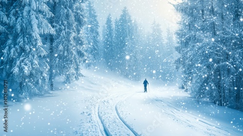 lone skier gliding through a serene snowy forest under soft falling snow, Generative AI
