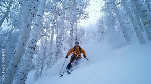 lone skier gliding through a serene snowy forest under soft falling snow, Generative AI