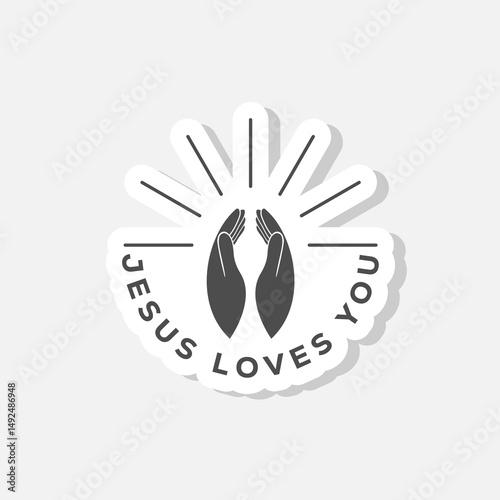 Jesus loves you Lettering praying hands icon sticker isolated on gray background