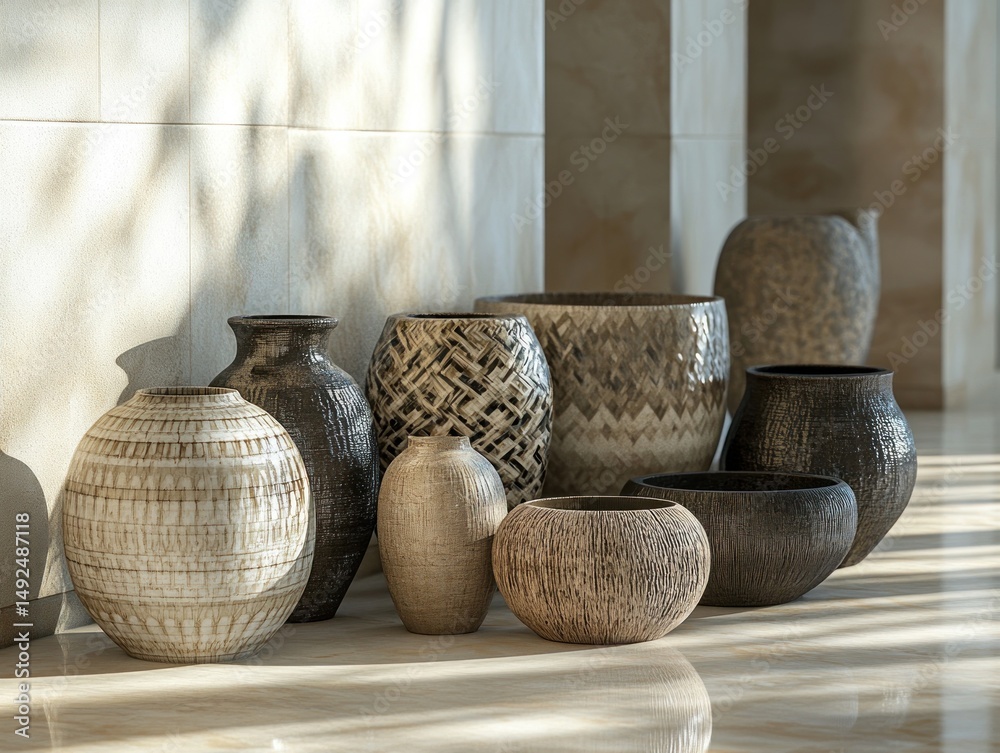 Decorative pots and vases displayed on a light beige floor