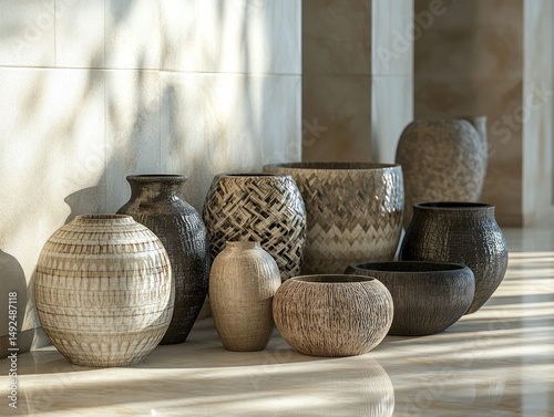 Obraz na płótnie Decorative pots and vases displayed on a light beige floor w salonie