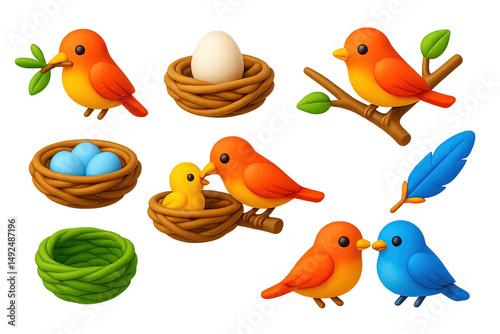 Colorful cartoon birds and nests for spring decorations or children’s crafts