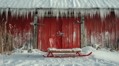 vintage sled leaning against a snow-covered barn with icicles hanging from the roof, Generative AI