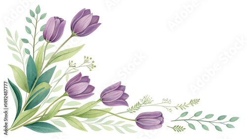 Elegant watercolor corner design with purple tulips and greenery isolated on transparent background