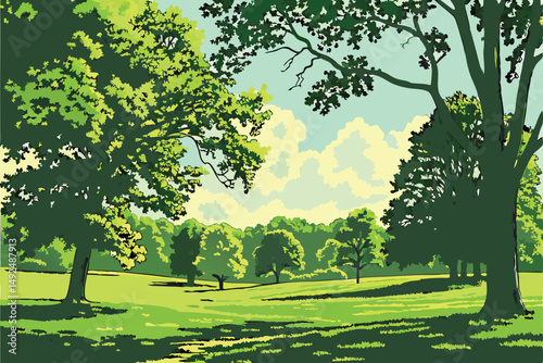 156 lush green landscape, vibrant foliage, scenic park with trees, vast grassy field, idyllic outdoor setting, serene and tranquil environment, beautiful blue sky with fluffy clouds, serene and peacef