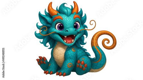 Cute turquoise Asian-style baby dragon with orange curly tail, horns, and whiskers, cartoon fantasy creature sitting and smiling, isolated on white
