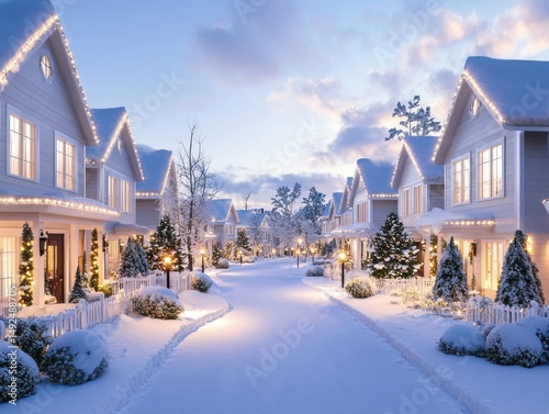 Snowy christmas street with decorated houses evening