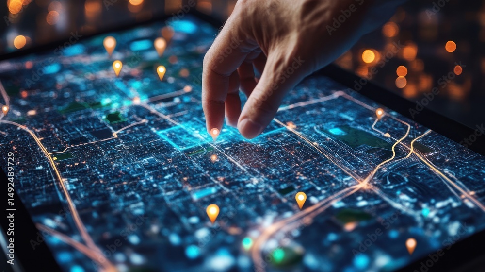 Hand pointing at a digital city map night view