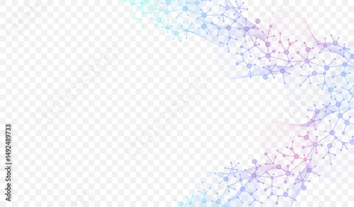 Colorful molecules background with DNA helix, DNA strand, DNA Test. Molecule or atom, neurons. Abstract structure for science, healthcare or medical background, banner. Scientific vector illustration