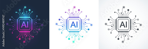 Artificial intelligence icon, sign, logo in the circuit line style. AI processor vector icon flat design. Motherboard digital chip AI. Machine learning design
