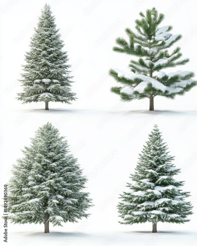 Obraz premium Four Isolated Evergreen Trees Covered in Snow on White Background Studio Shot for Christmas Holiday Season